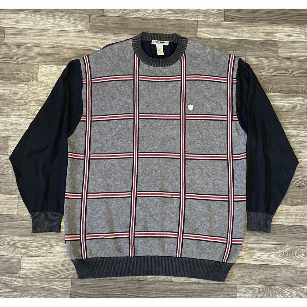 Vintage Phat Farm Pullover Sweater Men’s XL Gray Black Striped Y2K Knit Retro